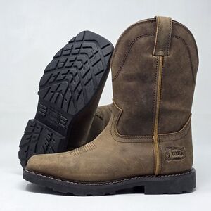 Justin Water Buffalo Boots Mens 7.5 D Brown Leather Square Toe Work Western New